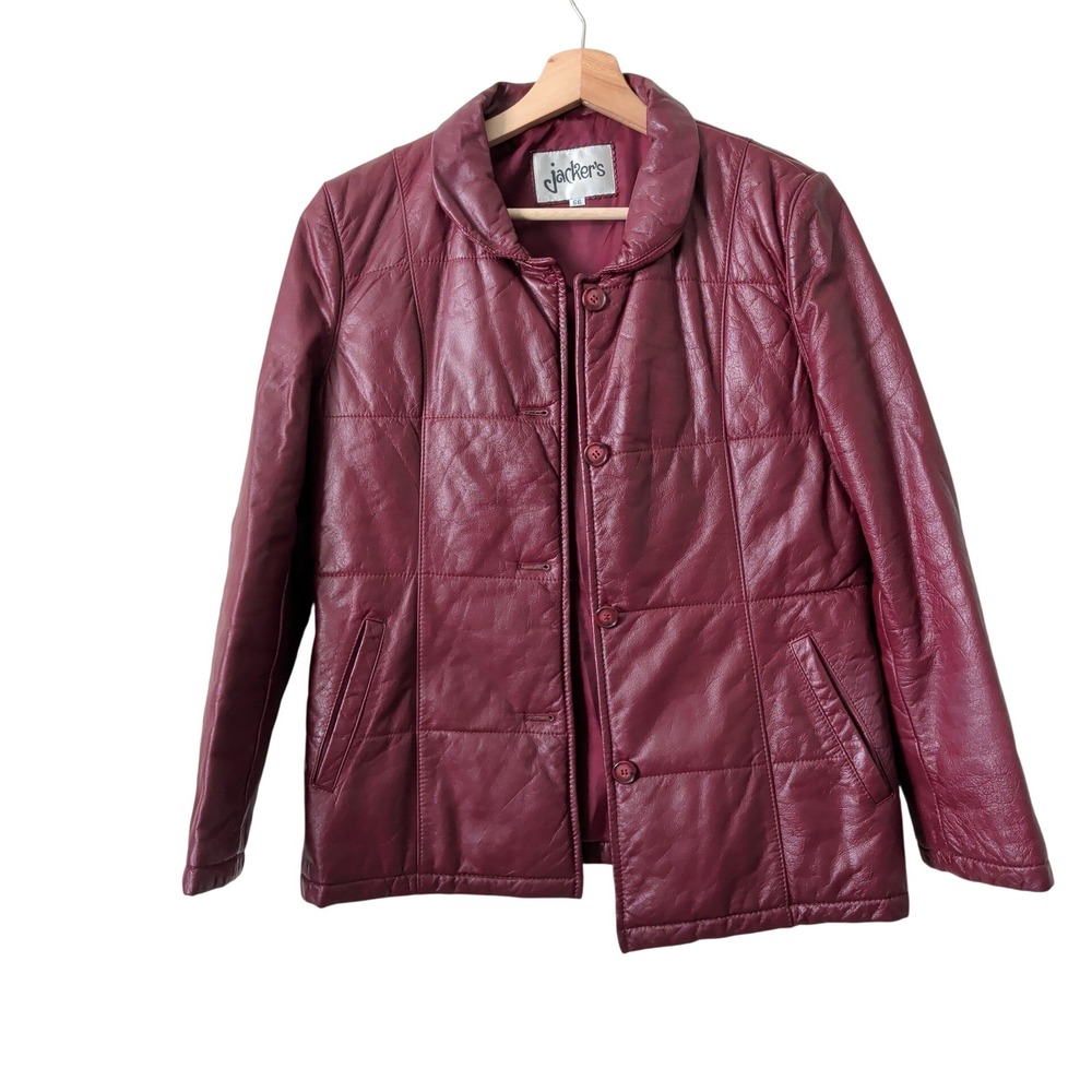 Vintage 70s Burgundy Red Leather Jacket Small Retro Mid Mod Quilted Indie Boho
